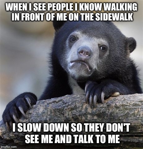 Confession Bear Meme | WHEN I SEE PEOPLE I KNOW WALKING IN FRONT OF ME ON THE SIDEWALK I SLOW DOWN SO THEY DON'T SEE ME AND TALK TO ME | image tagged in memes,confession bear,AdviceAnimals | made w/ Imgflip meme maker