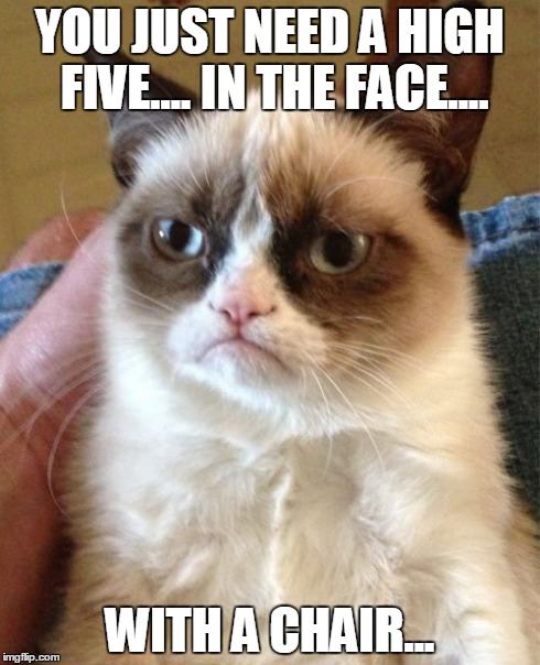 Grumpy Cat | YOU JUST NEED A HIGH FIVE....
IN THE FACE.... WITH A CHAIR... | image tagged in memes,grumpy cat | made w/ Imgflip meme maker