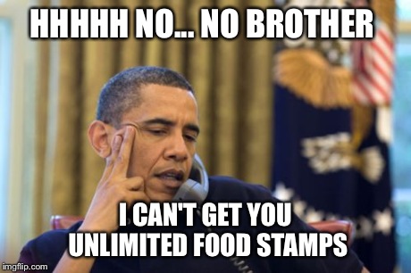 No I Can't Obama Meme | HHHHH NO... NO BROTHER I CAN'T GET YOU UNLIMITED FOOD STAMPS | image tagged in memes,no i cant obama | made w/ Imgflip meme maker