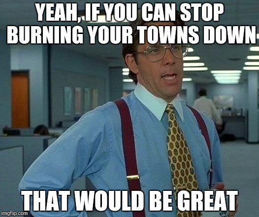 That Would Be Great | YEAH, IF YOU CAN STOP BURNING YOUR TOWNS DOWN THAT WOULD BE GREAT | image tagged in memes,that would be great | made w/ Imgflip meme maker