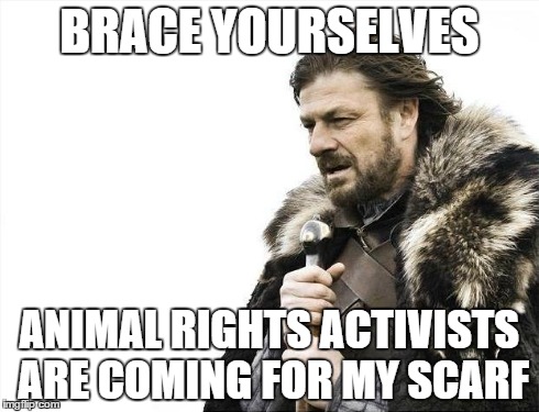 Brace Yourselves X is Coming | BRACE YOURSELVES ANIMAL RIGHTS ACTIVISTS ARE COMING FOR MY SCARF | image tagged in memes,brace yourselves x is coming | made w/ Imgflip meme maker