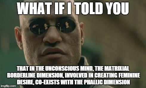 matrix(ial) meme | WHAT IF I TOLD YOU THAT IN THE UNCONSCIOUS MIND, THE MATRIXIAL BORDERLINE DIMENSION, INVOLVED IN CREATING FEMININE DESIRE, CO-EXISTS WITH TH | image tagged in memes,matrix morpheus,bracha ettinger,feminist | made w/ Imgflip meme maker