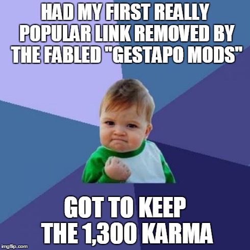 Success Kid | HAD MY FIRST REALLY POPULAR LINK REMOVED BY THE FABLED "GESTAPO MODS" GOT TO KEEP THE 1,300 KARMA | image tagged in memes,success kid,AdviceAnimals | made w/ Imgflip meme maker