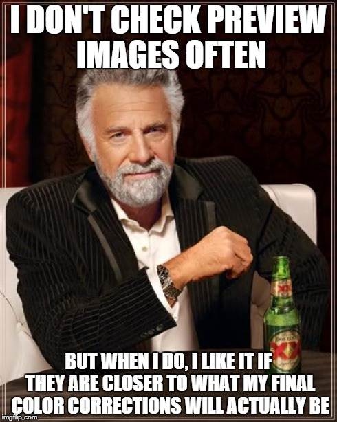 The Most Interesting Man In The World Meme | I DON'T CHECK PREVIEW IMAGES OFTEN BUT WHEN I DO, I LIKE IT IF THEY ARE CLOSER TO WHAT MY FINAL COLOR CORRECTIONS WILL ACTUALLY BE | image tagged in memes,the most interesting man in the world | made w/ Imgflip meme maker