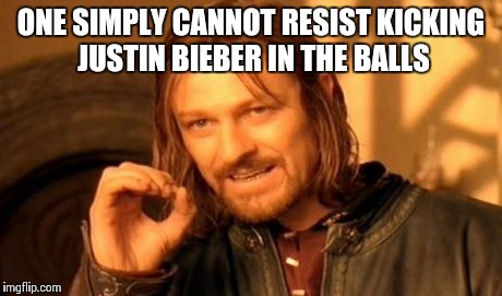 One Does Not Simply Meme | ONE SIMPLY CANNOT RESIST KICKING JUSTIN BIEBER IN THE BALLS | image tagged in memes,one does not simply | made w/ Imgflip meme maker