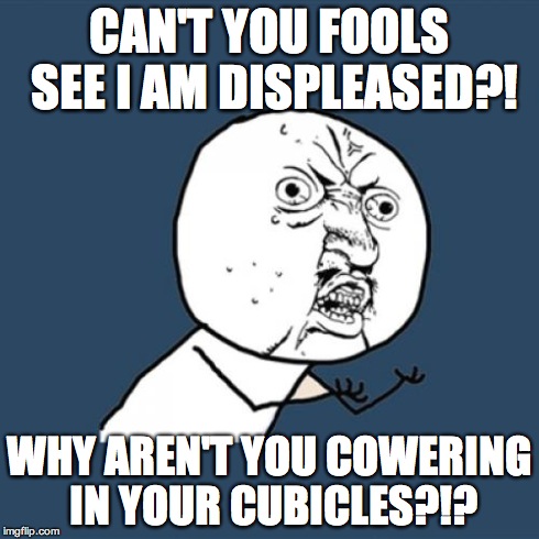 Y U No Meme | CAN'T YOU FOOLS SEE I AM DISPLEASED?! WHY AREN'T YOU COWERING IN YOUR CUBICLES?!? | image tagged in memes,y u no | made w/ Imgflip meme maker