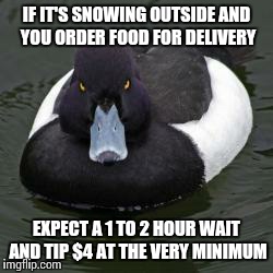 Angry Advice Mallard | IF IT'S SNOWING OUTSIDE AND YOU ORDER FOOD FOR DELIVERY EXPECT A 1 TO 2 HOUR WAIT AND TIP $4 AT THE VERY MINIMUM | image tagged in angry advice mallard,AdviceAnimals | made w/ Imgflip meme maker
