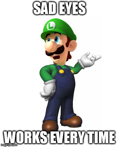 Logic Luigi | SAD EYES WORKS EVERY TIME | image tagged in logic luigi | made w/ Imgflip meme maker