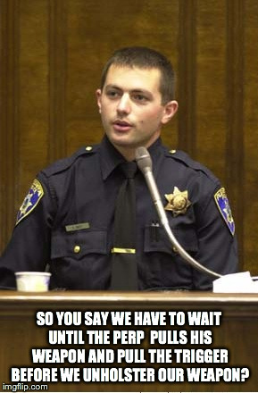 Police Officer Testifying | SO YOU SAY WE HAVE TO WAIT UNTIL THE PERP  PULLS HIS WEAPON AND PULL THE TRIGGER BEFORE WE UNHOLSTER OUR WEAPON? | image tagged in memes,police officer testifying | made w/ Imgflip meme maker