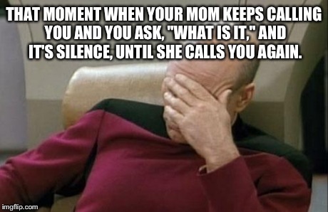 Captain Picard Facepalm | THAT MOMENT WHEN YOUR MOM KEEPS CALLING YOU AND YOU ASK, "WHAT IS IT," AND IT'S SILENCE, UNTIL SHE CALLS YOU AGAIN. | image tagged in memes,captain picard facepalm | made w/ Imgflip meme maker