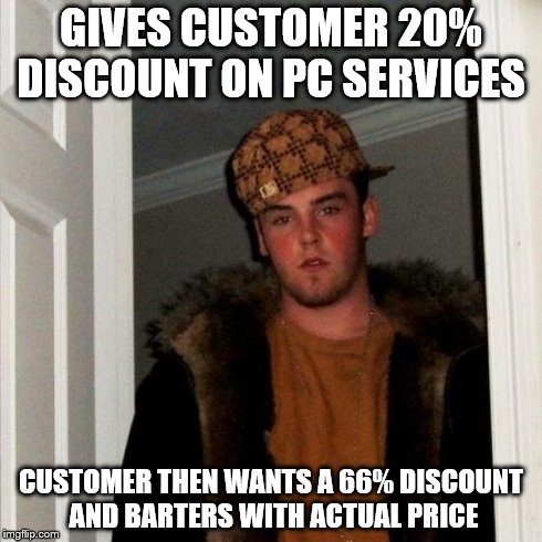 Scumbag Steve Meme | GIVES CUSTOMER 20% DISCOUNT ON PC SERVICES CUSTOMER THEN WANTS A 66% DISCOUNT AND BARTERS WITH ACTUAL PRICE | image tagged in memes,scumbag steve | made w/ Imgflip meme maker