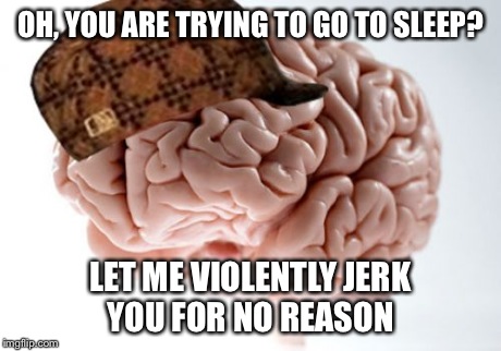 Scumbag Brain | OH, YOU ARE TRYING TO GO TO SLEEP? LET ME VIOLENTLY JERK YOU FOR NO REASON | image tagged in memes,scumbag brain | made w/ Imgflip meme maker
