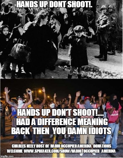 HANDS UP DONT SHOOT!. HANDS UP DON'T SHOOT!....  HAD A DIFFERENCE MEANING BACK  THEN  YOU DAMN IDIOTS CHARLES NEELY HOST OF 
RADIO OCCUPIED  | made w/ Imgflip meme maker