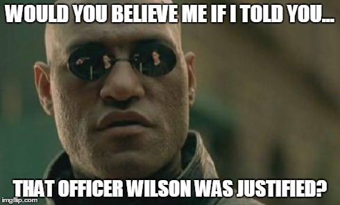 Matrix Morpheus | WOULD YOU BELIEVE ME IF I TOLD YOU... THAT OFFICER WILSON WAS JUSTIFIED? | image tagged in memes,matrix morpheus | made w/ Imgflip meme maker