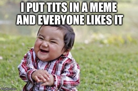 Evil Toddler | I PUT TITS IN A MEME AND EVERYONE LIKES IT | image tagged in memes,evil toddler | made w/ Imgflip meme maker