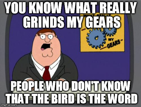 grinds my gears | YOU KNOW WHAT REALLY GRINDS MY GEARS PEOPLE WHO DON'T KNOW THAT THE BIRD IS THE WORD | image tagged in grinds my gears | made w/ Imgflip meme maker