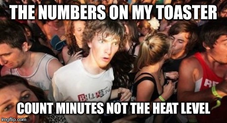 Sudden Clarity Clarence | THE NUMBERS ON MY TOASTER COUNT MINUTES NOT THE HEAT LEVEL | image tagged in memes,sudden clarity clarence,AdviceAnimals | made w/ Imgflip meme maker