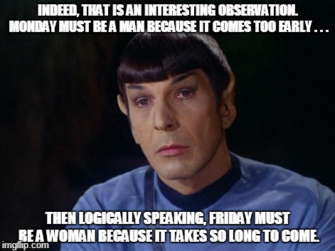 Man and woman | INDEED, THAT IS AN INTERESTING OBSERVATION. MONDAY MUST BE A MAN BECAUSE IT COMES TOO EARLY . . . THEN LOGICALLY SPEAKING, FRIDAY MUST BE A  | image tagged in spock | made w/ Imgflip meme maker