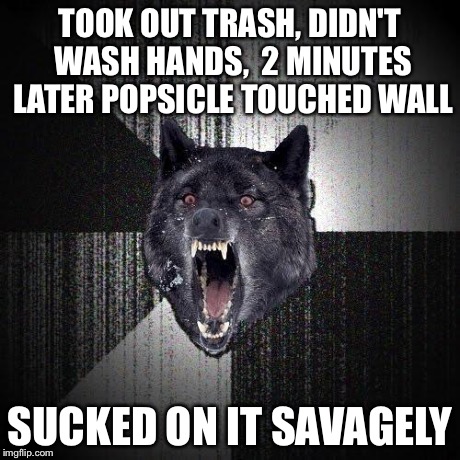 Insanity Wolf | TOOK OUT TRASH, DIDN'T WASH HANDS,  2 MINUTES LATER POPSICLE TOUCHED WALL SUCKED ON IT SAVAGELY | image tagged in memes,insanity wolf | made w/ Imgflip meme maker