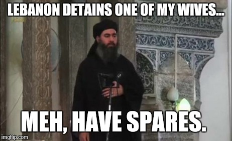 LEBANON DETAINS ONE OF MY WIVES... MEH, HAVE SPARES. | image tagged in isis poly | made w/ Imgflip meme maker