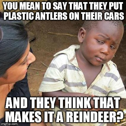 Third World Skeptical Kid Meme | YOU MEAN TO SAY THAT THEY PUT PLASTIC ANTLERS ON THEIR CARS AND THEY THINK THAT MAKES IT A REINDEER? | image tagged in memes,third world skeptical kid | made w/ Imgflip meme maker