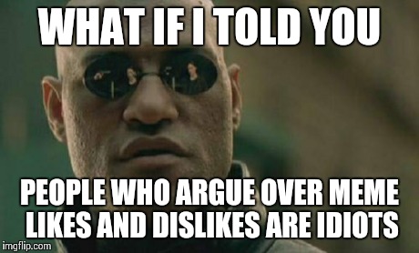 Matrix Morpheus Meme | WHAT IF I TOLD YOU PEOPLE WHO ARGUE OVER MEME LIKES AND DISLIKES ARE IDIOTS | image tagged in memes,matrix morpheus | made w/ Imgflip meme maker