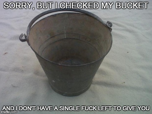 Don't care | SORRY, BUT I CHECKED MY BUCKET AND I DON'T HAVE A SINGLE F**K LEFT TO GIVE YOU | image tagged in empty bucket,memes | made w/ Imgflip meme maker