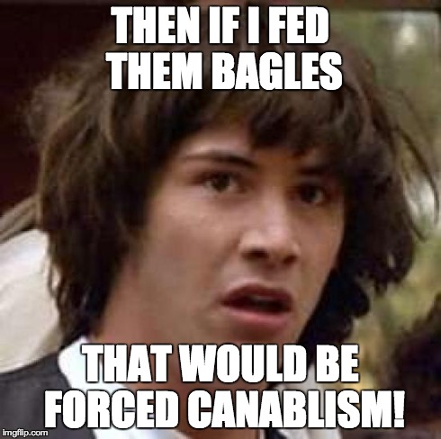 Conspiracy Keanu Meme | THEN IF I FED THEM BAGLES THAT WOULD BE FORCED CANABLISM! | image tagged in memes,conspiracy keanu | made w/ Imgflip meme maker
