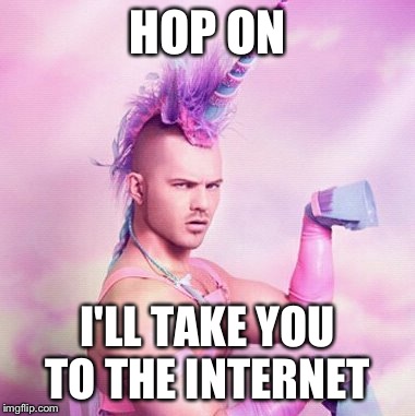 Unicorn MAN Meme | HOP ON I'LL TAKE YOU TO THE INTERNET | image tagged in memes,unicorn man | made w/ Imgflip meme maker