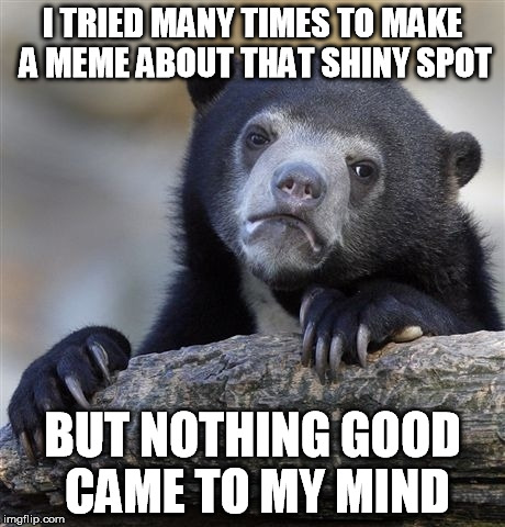 Confession Bear Meme | I TRIED MANY TIMES TO MAKE A MEME ABOUT THAT SHINY SPOT BUT NOTHING GOOD CAME TO MY MIND | image tagged in memes,confession bear | made w/ Imgflip meme maker