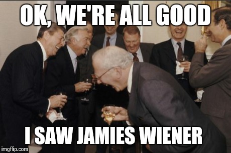 Laughing Men In Suits Meme | OK, WE'RE ALL GOOD I SAW JAMIES WIENER | image tagged in memes,laughing men in suits | made w/ Imgflip meme maker