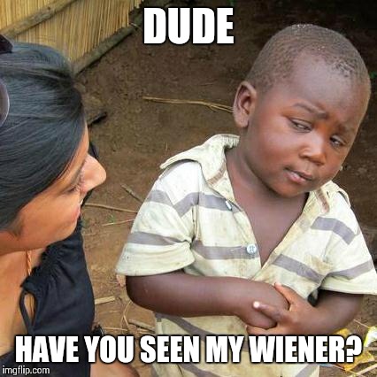 Third World Skeptical Kid Meme | DUDE HAVE YOU SEEN MY WIENER? | image tagged in memes,third world skeptical kid | made w/ Imgflip meme maker