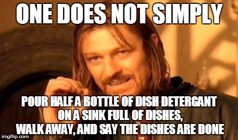 One Does Not Simply | ONE DOES NOT SIMPLY POUR HALF A BOTTLE OF DISH DETERGANT ON A SINK FULL OF DISHES, WALK AWAY, AND SAY THE DISHES ARE DONE | image tagged in memes,one does not simply | made w/ Imgflip meme maker