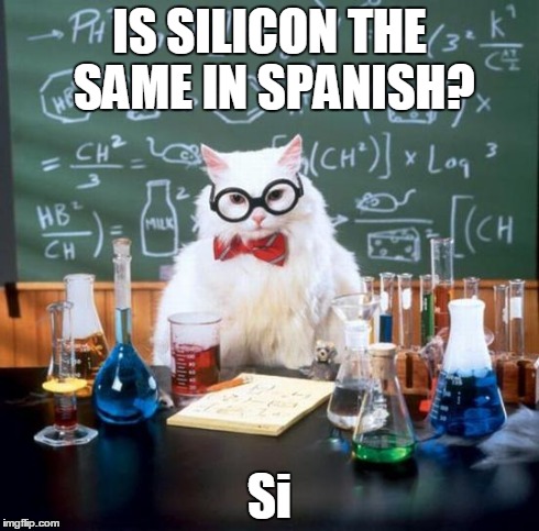 Chemistry Cat Meme | IS SILICON THE SAME IN SPANISH? Si | image tagged in memes,chemistry cat | made w/ Imgflip meme maker
