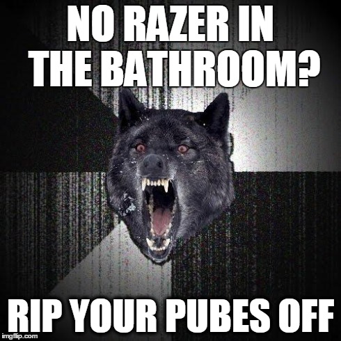 Insanity Wolf | NO RAZER IN THE BATHROOM? RIP YOUR PUBES OFF | image tagged in memes,insanity wolf | made w/ Imgflip meme maker