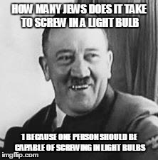 Bad Joke Hitler | HOW MANY JEWS DOES IT TAKE TO SCREW IN A LIGHT BULB 1 BECAUSE ONE PERSON SHOULD BE CAPABLE OF SCREWING IN LIGHT BULBS | image tagged in bad joke hitler | made w/ Imgflip meme maker