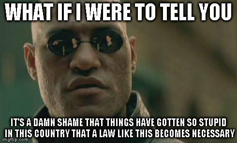 Matrix Morpheus Meme | WHAT IF I WERE TO TELL YOU IT'S A DAMN SHAME THAT THINGS HAVE GOTTEN SO STUPID IN THIS COUNTRY THAT A LAW LIKE THIS BECOMES NECESSARY | image tagged in memes,matrix morpheus | made w/ Imgflip meme maker