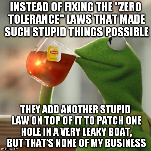 But That's None Of My Business Meme | INSTEAD OF FIXING THE "ZERO TOLERANCE" LAWS THAT MADE SUCH STUPID THINGS POSSIBLE THEY ADD ANOTHER STUPID LAW ON TOP OF IT TO PATCH ONE HOLE | image tagged in memes,but thats none of my business,kermit the frog | made w/ Imgflip meme maker