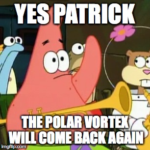 No Patrick Meme | YES PATRICK THE POLAR VORTEX WILL COME BACK AGAIN | image tagged in memes,no patrick | made w/ Imgflip meme maker