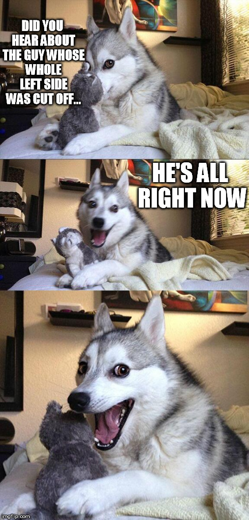 Bad Pun Dog | DID YOU HEAR ABOUT THE GUY WHOSE WHOLE LEFT SIDE WAS CUT OFF... HE'S ALL RIGHT NOW | image tagged in memes,bad pun dog | made w/ Imgflip meme maker