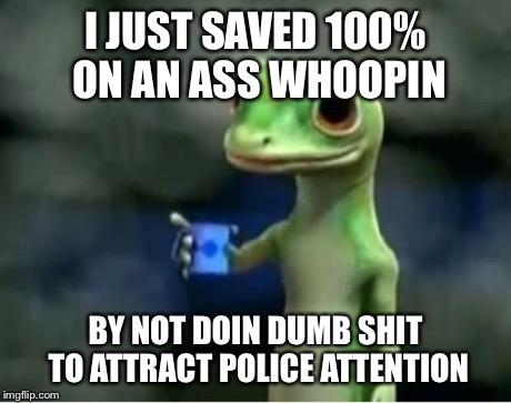 Geico Gecko | I JUST SAVED 100% ON AN ASS WHOOPIN BY NOT DOIN DUMB SHIT TO ATTRACT POLICE ATTENTION | image tagged in geico gecko | made w/ Imgflip meme maker