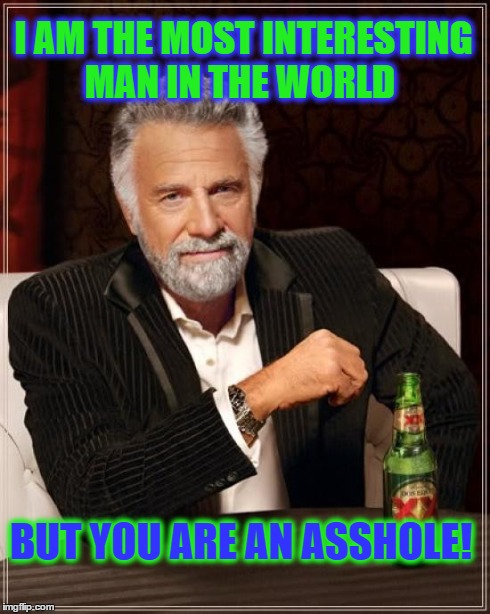 The Most Interesting Man In The World | I AM THE MOST INTERESTING MAN IN THE WORLD BUT YOU ARE AN ASSHOLE! | image tagged in memes,the most interesting man in the world | made w/ Imgflip meme maker