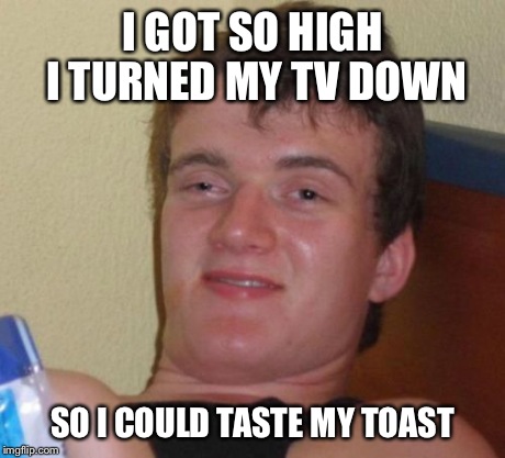 10 Guy Meme | I GOT SO HIGH I TURNED MY TV DOWN SO I COULD TASTE MY TOAST | image tagged in memes,10 guy | made w/ Imgflip meme maker