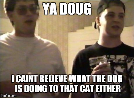 YA DOUG I CAINT BELIEVE WHAT THE DOG IS DOING TO THAT CAT EITHER | made w/ Imgflip meme maker