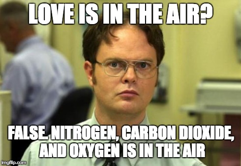 Dwight Schrute Meme | LOVE IS IN THE AIR? FALSE. NITROGEN, CARBON DIOXIDE, AND OXYGEN IS IN THE AIR | image tagged in memes,dwight schrute | made w/ Imgflip meme maker