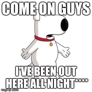 Family Guy Brian | COME ON GUYS I'VE BEEN OUT HERE ALL NIGHT**** | image tagged in memes,family guy brian | made w/ Imgflip meme maker
