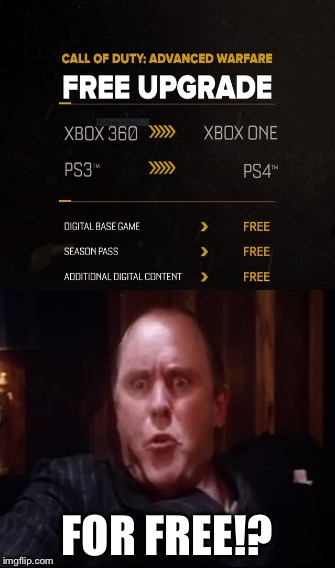 This is the reaction of a CEO from Treyarch who didn't know about the upgrade for advance warfare was for free. | FOR FREE!? | image tagged in free | made w/ Imgflip meme maker
