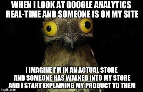 Weird Stuff I Do Potoo Meme | WHEN I LOOK AT GOOGLE ANALYTICS REAL-TIME AND SOMEONE IS ON MY SITE I IMAGINE I'M IN AN ACTUAL STORE AND SOMEONE HAS WALKED INTO MY STORE AN | image tagged in memes,weird stuff i do potoo,AdviceAnimals | made w/ Imgflip meme maker