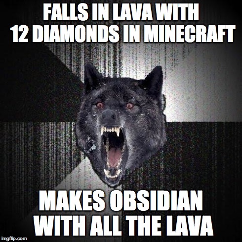 Insanity Wolf | FALLS IN LAVA WITH 12 DIAMONDS IN MINECRAFT MAKES OBSIDIAN WITH ALL THE LAVA | image tagged in memes,insanity wolf | made w/ Imgflip meme maker