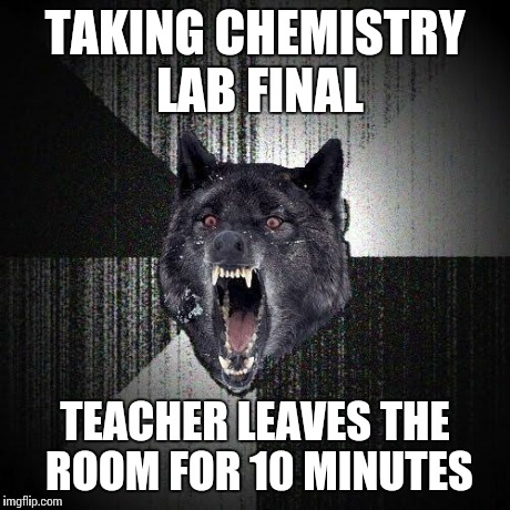 Insanity Wolf | TAKING CHEMISTRY LAB FINAL TEACHER LEAVES THE ROOM FOR 10 MINUTES | image tagged in memes,insanity wolf,AdviceAnimals | made w/ Imgflip meme maker